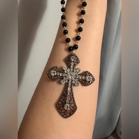 Goth Punk Big Statement Cross Pendant Necklace Choker Vampire Rosary Black Beads - Picture 3 of 9